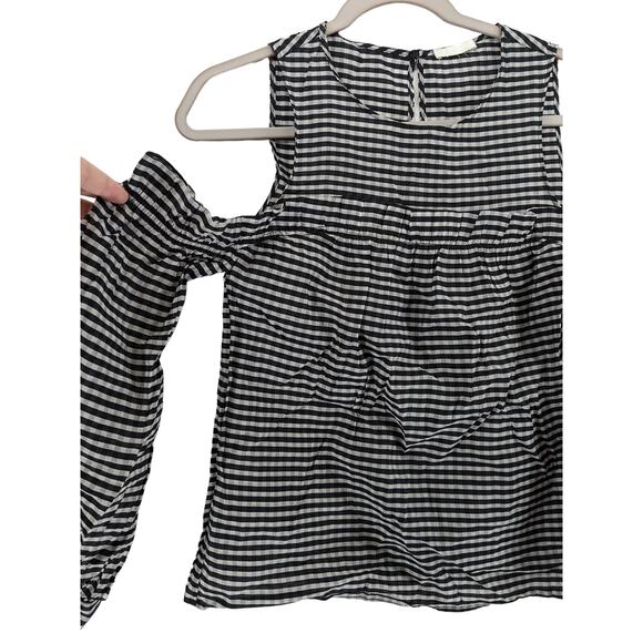 H&M Checked Blouse XS Black White‎ Cold Shoulder Ruffle Long Puff Sleeve Office - Picture 2 of 10